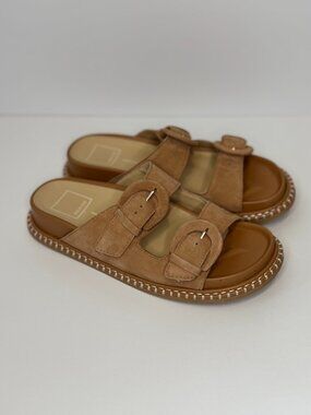 Dolce Vita Shauny Double Buckle Suede Slide Sandals Tan Footbed Comfort W 6.5